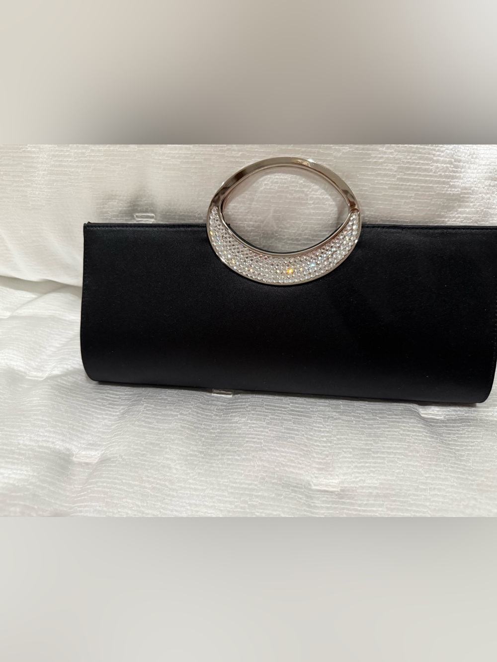 Satin Black Evening Clutch with Crystal-Paved Silver Handle